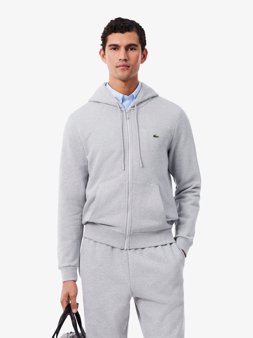 Lacoste Light Gray Full-Zip Hoodie with Green Crocodile Logo Medium